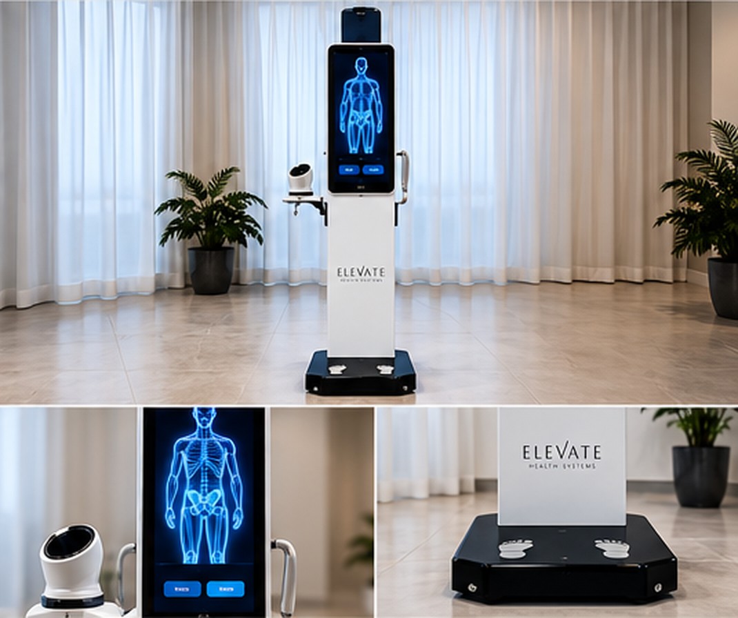 Tall white standing scanner with platform base and display screen