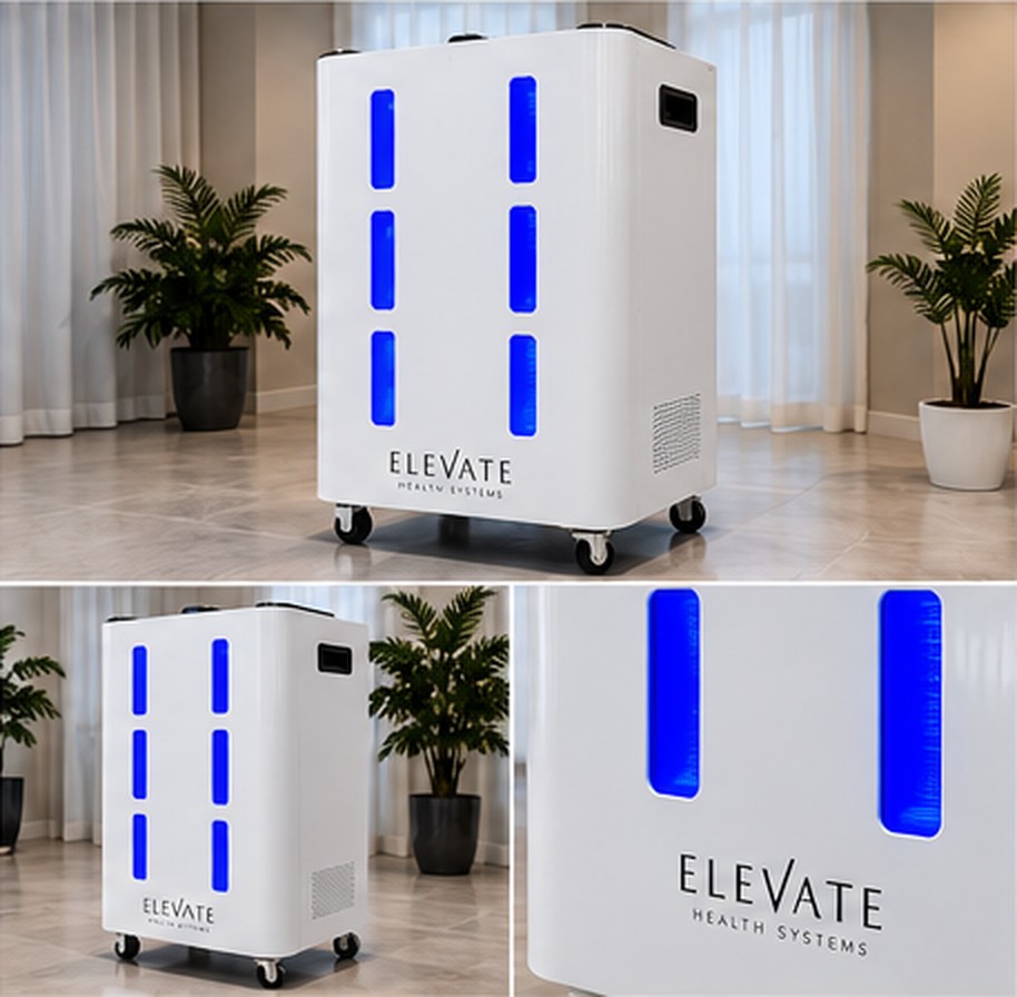 White wheeled cabinet unit with blue vertical windows